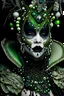 Placeholder: Beautiful Court Jester portrait adorned with bioluminescence colorful gradient headdress, front wiev adorned with bioluminescence sparkling gold and green colour rennaisance style black and white and sparkling silver dust pearls, beads and black diamond clothing , and face makeup black florwers, organic bio spinal ribbed detail of detailed creativese rennaisance ornate white colour florwers detailed full rd rendered flowers background, extremely detailed hyperrealistic maximálist conce