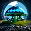 Placeholder: ""Futuristic blue, green, and silver mushroom house" "intricate mech details, ground level shot, 8K resolution, Cinema 4D, Behance HD, polished metal, Unreal Engine 5, rendered in Blender, sci-fi, futuristic, trending on Artstation, epic, cinematic space space background, dramatic, atmospheric"