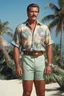 Placeholder: Lee Majors/George Reeves with medium length bob-styled brown hair, a mustache, wearing a Hawaiian shirt and Bermuda shorts- well-lit, UHD, 1080p, professional quality, 35mm photograph by Scott Kendall