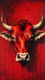 Placeholder: Bosch style painting , A shadow of a spirit inside a Slaughtered bloody red cow head with eyes open wide details on red bloody background