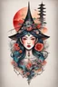 Placeholder: Create a captivating modern 2d colorfull ink tattoo design for print , prestigious Witch using the elegant influences of japan art style, for print, dynamic elements from fashion and design, and bold Japanese contemporary art aesthetics, framing centered in the center, distanced from the edges of the paper perimeter, perfect anatomy, bauhaus, Divine Proportion,