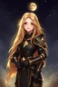 Placeholder: SUPER PRETTY GIRL, DRESSED WITH A BLACK-GOLD SMALL ARMOUR, GOLDEN LONG HAIRED, GOLDEN EYES, GREATH SMILE, BIG BUBS, NICE BODY, STAY ON DARKNESS CASTLE, STARS SKY, MOON, LEGENDARY WARRIOR, POWERED GIRL, A GOLDEN GLOW AROUND HER BODY.