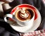 Placeholder: Cappuccino art microfoam in mug saucer Crawford plaid napkin