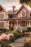 Placeholder: vintage style home with a cottage feel with pops of light pink flowers outside of house realistic