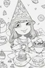 Placeholder: A little girl with a triangular party hat, enjoying a tea party with geometrically shaped cookies and cups. Use triangles for the hat, cookies, and other party decorations. very happy , Colloring page for todlliers ; basic hawali style cartoon , black and white , ink outlines , , smooth , anime style , minimalist , cute eyes , full body , white shose , sketchbook , realistic sketch , free lines , on paper , character sheet , clean line art high detailed