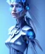 Placeholder: A beautiful portrait of a cute cyborg woman blue color scheme, high key lighting, volumetric light high details with white stripes and feathers and indian paterns and wimgs