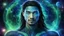 Placeholder: beautiful gorgeous young man na'vi with long hair, Avatar, blue skin, two small ears, green eyes, black hair, in cosmic suit, galactic ambiance, medium pointy goatee , smiling, nebulas and sacred geometry light figures on the backgroud,