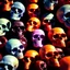 Placeholder: a picture of a dark, comedic, anatomically correct wall of colorful tightly packed stacked skulls of varying sizes and expressions, photo realistic, insanely meticulous, highly detailed, part of a collection of bones on display, 64k, dystopian, vray