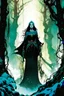 Placeholder: create a wildly conceptual illustration of sorceress coven gathering in an ethereal, otherworldly , darkened, ancient winter forest draped in hanging moss and climbing vines, in the comic book art style of Bill Sienkiewicz, Mike Mignola, Sparth, and Jean Giraud Moebius, finely drawn, colored and inked, suffused with dramatic natural light and shadow under a midnight blue moon