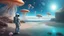 Placeholder: woman in a spacesuit, on the shores of an alien world, with mushrooms, with jellyfish tentacles floating in the air, photorealistic, Detailed Matte Painting, Deep Colour, Fantastical, Intricate Detail, sunshine, blue sky
