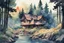 Placeholder: retro anime style, full color, dark serious 1980s anime style, A cottage in the forest near a river, watercolor, forest,