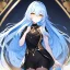 Placeholder: Clear focus, High resolution, Long light blue fluffy hair, hair between eyes, yellow eyes, wearing black fabric shorts, detailed outfit, blue and black outfit, gold accessory