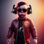 Placeholder: Monkey toddler, steampunk headphone, sunglass, gangsta neckless, full body, red leather jacket, tokio background, dramatic lighting, hyper realistic, unreal engine 5, 16k