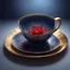 Placeholder: A midnight blue teacup with a gold rim and small red florets on a plate. Illustrative art, art interpretation, concept art, cgsociety contest winner, seasonal art, seasonal art HD, 4k, 8k, intricate, detailed, intricately detailed, luminous, translucent fantasy crystal, holographic data, soft body, shadow play, light, fog, atmospheric, cinematic, light film, hyper-detailed, hyper-realistic, masterpiece, atmospheric, high resolution, 8k, HDR, 500px, mysterious and artistic digital art, phototic,