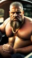 Placeholder: full body shot photography of an Italian sicilian taxi driver burly ugly sitting in the taxi, chubby tired 45 years old driving shirtless, bullneck, thin gold chains, short beard, sweat, short hair, bulge, robust, manly chest, looking down, big shoulders,, photorealistic, side light, ambient occlusion, tired eyes. 35mm lens, internal view inside the Taxi