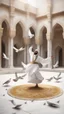 Placeholder: Hyper Realistic Sufi Whirling on stone floor with white & Golden Islamic Sufi Rustic Grungy Background outside white marble Islamic monument with pigeons flying