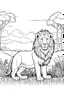 Placeholder: Feature a lion, in a savannah setting, with a few acacia trees, clean line art, white background, no shadows, black and white coloring book.