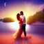 Placeholder: 2 lovers last kiss in sand island with tent and river background