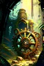 Placeholder: Jungle adventure ruins with huge steampunk gears painterly rpg art