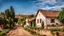 Placeholder: old village houses, European village, dirt road, the last house on the street is the oldest, with an old roof, adobe house, rose bushes in front of the house street photo, cloudy sky