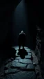 Placeholder: A hooded creature shadow standing on a narrow black stone path above the ground in a cave