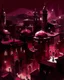 Placeholder: A dark reddish magenta city with chess piece shaped buildings at nighttime painted by John Singer Sargent