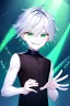 Placeholder: plauge doctor in balck leather clothes with silver hair, pale skin and bright green eyes smiling with sharp teeth, nice young face, male, viscious smile