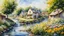 Placeholder: watercolor, impressionism, byzantine alcohol oil painting depicting a village, garden, flowers, stream, geese, 32k resolution, hyper detail, fine detail, fine rendering, airbrush strokes, 8k concept art, hyper detail, complex detail