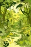 Placeholder: A pale greenish yellow rainforest with toxic frogs designed in Bayeux tapestry painted by Paul Cezanne