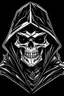 Placeholder: inside a diamond shape, skeletor motu in a black hooded cloak drawn in a retro mascot style, inside a diamond shape on a black background, monochromatic