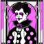 Placeholder: Storybook illustration of a Pierrot Clown, black and white with pink accents, Beardsely style, art nouveau elements, vintage drawing, pierrot vintage, black and white marble floor