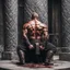 Placeholder: muscle viking back on his knees, hands on a pillar, ready to have his bloody back opened for execution and lungs open to the outside: this is the blood eagle ritual execution
