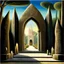 Placeholder: a gothic_arab gate in an Ancient stone temple with engraved runes:: by artist "Leonora Carrington", by artist "Tarsila do Amaral":: Cinematic lighting with shadows:: eye_level perspective::