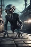 Placeholder: xcom's terror from the deep giger style alien with suit and tie crawling onto the docks in fallout 4 setting, bokeh, downlight, prize winning, depth of field, in the style of ivo caprino