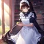 Placeholder: Clear focus, High resolution, long dark brown fluffy hair, green eyes, wearing a maid outfit, sitting down, in a house