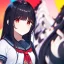 Placeholder: Clear focus, High resolution, long black fluffy hair, red eyes, chopped bangs, wearing a sailor uniform, wearing a sailor skirt, colorful, hollywood, female, human, mortal, thin legs, no outlines, extreme close up