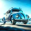 Placeholder: a high definition screen shot of a jet-fighter vw-beetle, retrofuturistic, phototrealism, in flight, one subject,