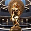 Placeholder: A magnificent golden and silver heart-shaped sign adorned with a stunning golden sphere encrusted with sparkling diamond clusters at its center, elegantly spinning in position,a girl statue standing pose