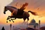 Placeholder: Ultra realistic vibrant antrophpmorphic half-human, half-horse creature (Centaur) with human head flying after a dynamic jump in the sky before a Bird's-eye view of Istanbul at sunset, with Hagia Sofia visible, in the twilight, and fog and mist rolling in between the houses. Pastel brown and orange colors, sepia very attractive fantastic view