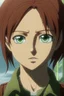 Placeholder: Attack on Titan screencap of a female a girl with square green eyes and brown hair