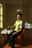 Placeholder: A young man sitting on a chair giving himself an injection, medicines and drugs on the table next to him, 8k, finely detailed, photo realistic,The scene is from the 1990's .