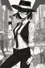 Placeholder: manga, anime, drawing, art, cartoon, perfect body, perfect hands, perfect face, perfect eyes, perfect arms, perfect cowboy hat, mafia woman, female mafia,, short hair pixie cut shaved side, black suit and tie, sunglasses, badass, cool, attractive