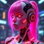 Placeholder: a cyberpunk female android robot, bright hair, futuristic, dystopia, cyberpunk, neon