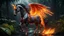 Placeholder: Hyper Realistic Crystal-Fire-horse-with-golden-horn & fire-wings inside a jungle at dark rainy night showing dramatic & cinematic ambiance.