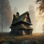 Placeholder: Abandoned attic simple modern type house,in the forest, brick walls, highly detailed, hill in the background, two windows on the front wall, with roof, concept art by Greg Rutkowski