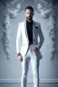 Placeholder: BDSM style, 8K, a Highly detailed stunning portrait of Dom man with a kneeling submissive woman, white suit, beard, and short hair, bad boy,