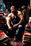 Placeholder: close up photography of a burly beefy strong 40-year-old Turk in Istanbul bazaar, shirtless, selling carpets sitting on a pile of carpets, biig shoulders, manly chest, very hairy, side light,