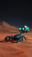 Placeholder: A zoom in Scorpion and in the background realistic photo of a landscape covered in sands that looks futuristic with futuristic lighting , a caravan from the “Breaking Bad” episodes