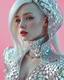 Placeholder: pink back ground ,A mesmerizing fusion of intimate abstraction and surreal futurism, depicting a striking female albino figure adorned in a breathtaking silver chrome-scaled suit. The intricate structure of the suit echoes the hyper-fractal nature of a coherent hyper-position lattice, creating a dynamic interplay of light and form that seems almost otherworldly. Her presence is both mysterious and seductive, yet tinged with an innocent vulnerability, as she gazes outward with an expression of