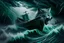 Placeholder: A giant lumbering grey wolf attacks a tiny boat in a stormy sea, a dark, ominous image, black, turquoise (a little closer to green) and white colours, rain, wind, lightning, dynamic, surreal. And a cat. Definitely a cat.